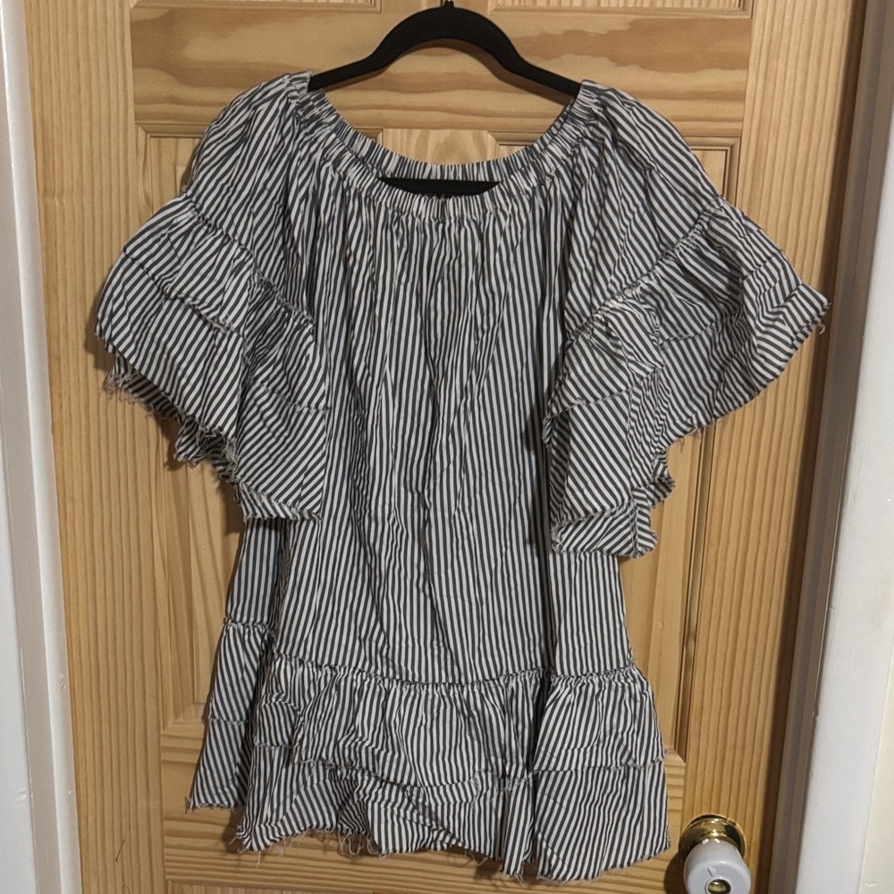 Zara Black and White Striped Ruffle Blouse